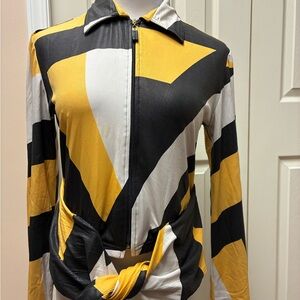 Joseph Ribkoff Size 8 Black, Yellow & White Zip-Front Patterned Jacket